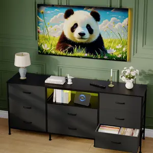 GAOMON TV Stand Dresser for 55-75 Inch TV, Entertainment Center with LED Lights, 8 Fabric Drawers, Metal Frame Storage Cabinet with Wood Top for Living Room Bedroom Hallway
