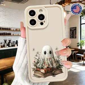 Cute Vintage Ghost Reading Book Pattern Case for iPhone 17 16 15 14 Pro Max 13 12 11 XR XS Plus Air Slim Lightweight Shockproof Anti Drop Protective Durable TPU Cover