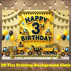 2D Flat, 1pc 3rd Birthday Party Backdrop Banner - Vibrant Yellow & Black Construction Theme with Excavators, Trucks, and Balloons, Durable Polyester Fabric for Indoor/Outdoor Decor, Photo Background, and Celebration Decoration, Birthday Party