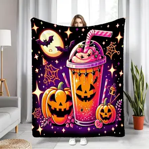 Adorable Neon Summerween Pumpkin Print Blanket—A Soft, Cozy Flannel Blanket Perfect for Year-Round Warmth. Ideal for Use In the Bedroom, on the Sofa, In Dorm Rooms, or In the Car—Making It the Perfect Gift Choice.