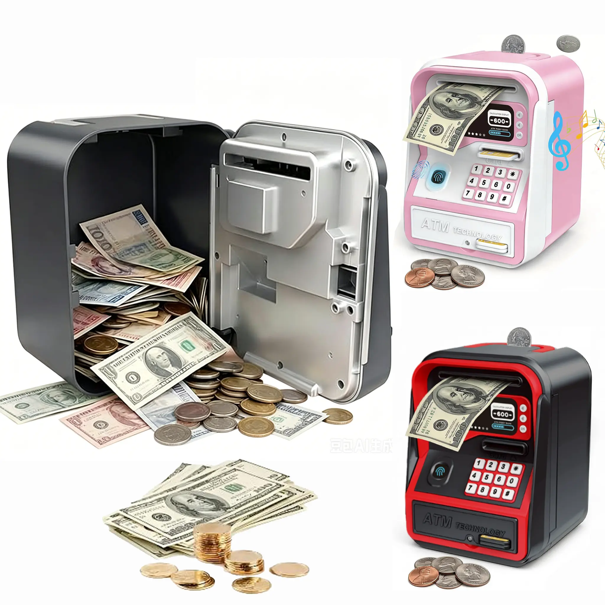 Electronic ATM Piggy Bank with Fingerprint & Password Lock, Auto Bill Slot for Boys/Adults/Kids. Large Capacity for All US Coins, Available in Multiple Colors.