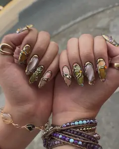Vintage Chrome by NailLyra | Vintage Gold Chrome Stiletto Press On Nails Baroque Pearl Gemstone Royal Design