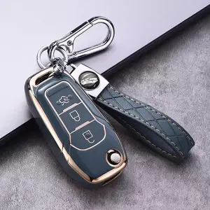 TPU Car Remote Flip Key Fob Cover Key Fob Case Shell Holder with Keychain for Ford F150 F250 Focus 3 Escort Kuga Everest Fiesta Mustang Edge MKV Fusion 2016 Ranger 2015-2019, Durable Protection Accessory