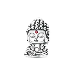 MULA Silver-Plated Cute Baby Buddha Charm Pendant for Bracelets - Zen Little Monk Bead with Red Zirconia Third Eye, Spiritual Gift for Peace Lovers