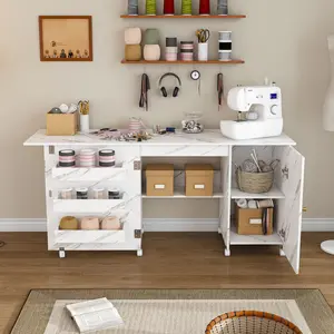 57.5" Foldable Sewing Machine Table with Locking Casters, Multi-Storage Craft Station with Shelves, Bins & Cabinet, Adjustable Sewing Cabinet for Home, Bedroom, and Craft Room(White)