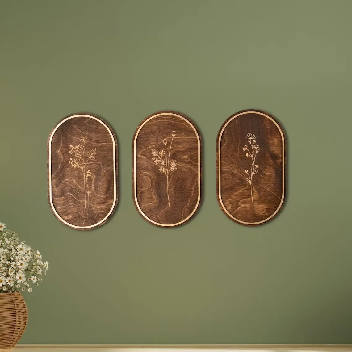3-Piece Oval Floral Wooden Wall Art, Home Wall Decor, Wood Framed, Vintage Deep Rustic Style Line Drawing Plant Decor, Flower Decorative Artwork for Living Room, Bedroom, Farmhouse