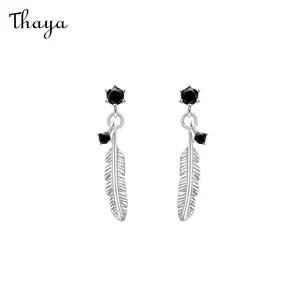 Thaya 925 Silver Black Zircon Feather Stud Earrings