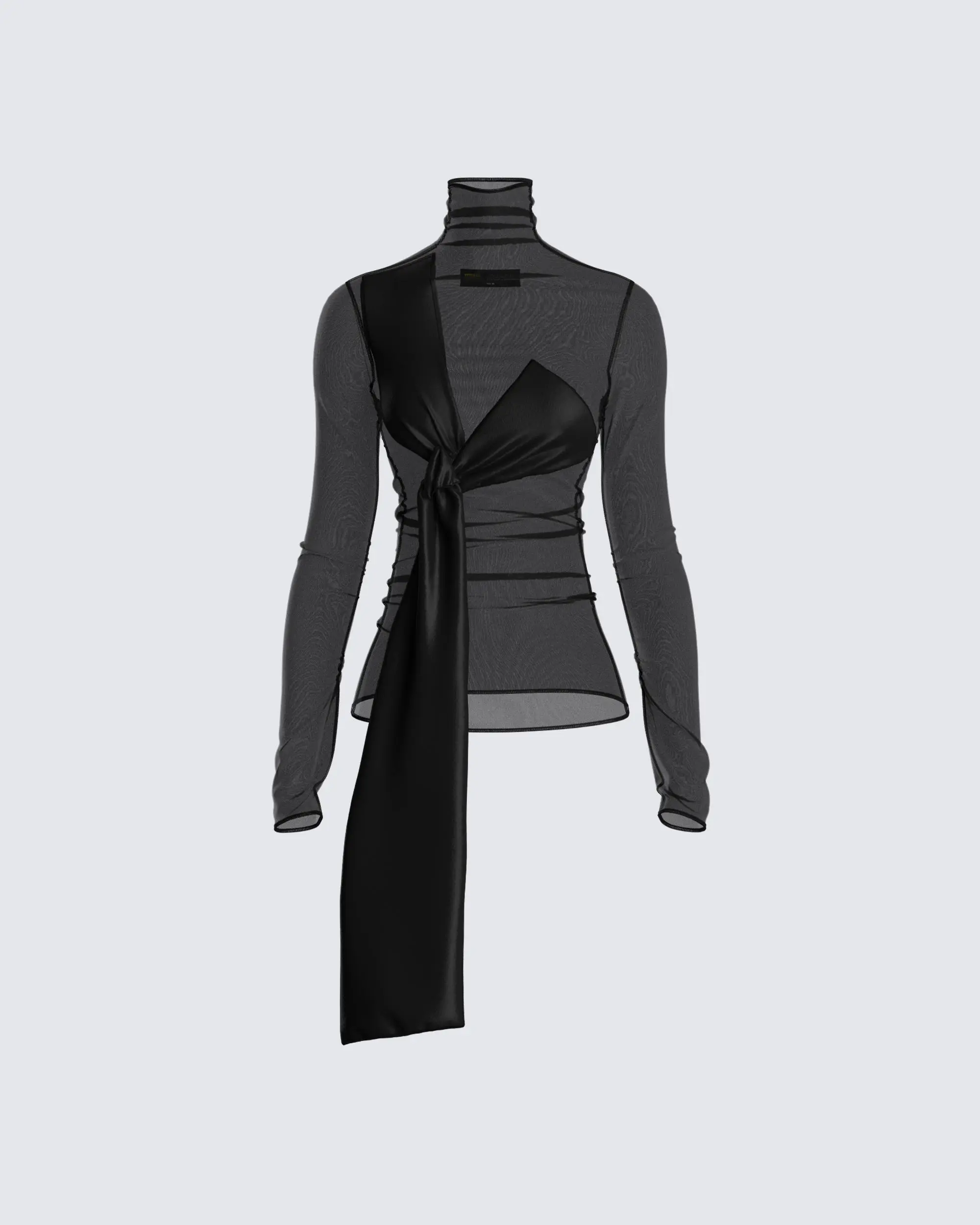 Women's Asymmetric Satin Bow Tie Turtleneck Blouse - Black, Sheer Mesh, Fitted Long Sleeve Asymmetric Blouses & Shirts for Evening Parties