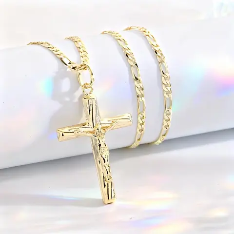 18K Gold-Plated Carved Jesus Christ Crucifix Pendant Necklace - Sacred Hollow Design, Durable Unisex Religious Jewelry, Versatile Gift Option for Daily Wear