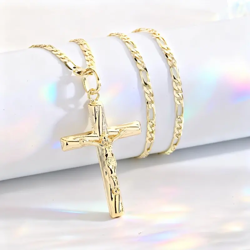 18K Gold-Plated Carved Jesus Christ Crucifix Pendant Necklace - Sacred Hollow Design, Durable Unisex Religious Jewelry, Versatile Gift Option for Daily Wear