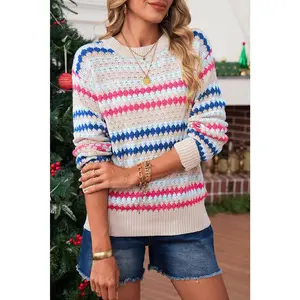 Khaki Striped Eyelet Pattern Drop Shoulder Sweater