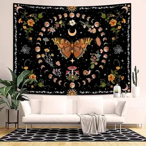Orange Butterfly Moonflower Tapestry — Botanical Floral Boho Wall Hanging for Bedroom, Living Room, and Dorm