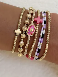 7-piece Ccb Bead Bracelet Set, Stackable Geometric Design, Cross Charms, Plastic Beads, Perfect for Daily Wear & Parties, Trendy Jewellery Accessories