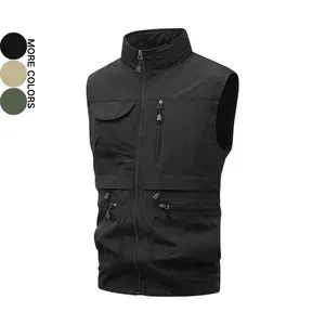 Men's Stand Collar Multi-Pocket Work Vest Full Zipper Sleeveless Vest for Spring and Autumn Outdoor Casual Wear in Black