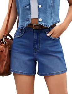 luvamia Jean Shorts for Women Trendy Wide Leg Mid Thigh Casual Summer Stretchy Denim Shorts Jorts with Braided Pockets