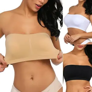 Women's Lady Polyester Woven Solid Strapless Bra - 1Pc Elastic Seamless Light Blue Off-Shoulder Short Top, Detachable Chest Pad, Comfortable Sexy Tube Underwear