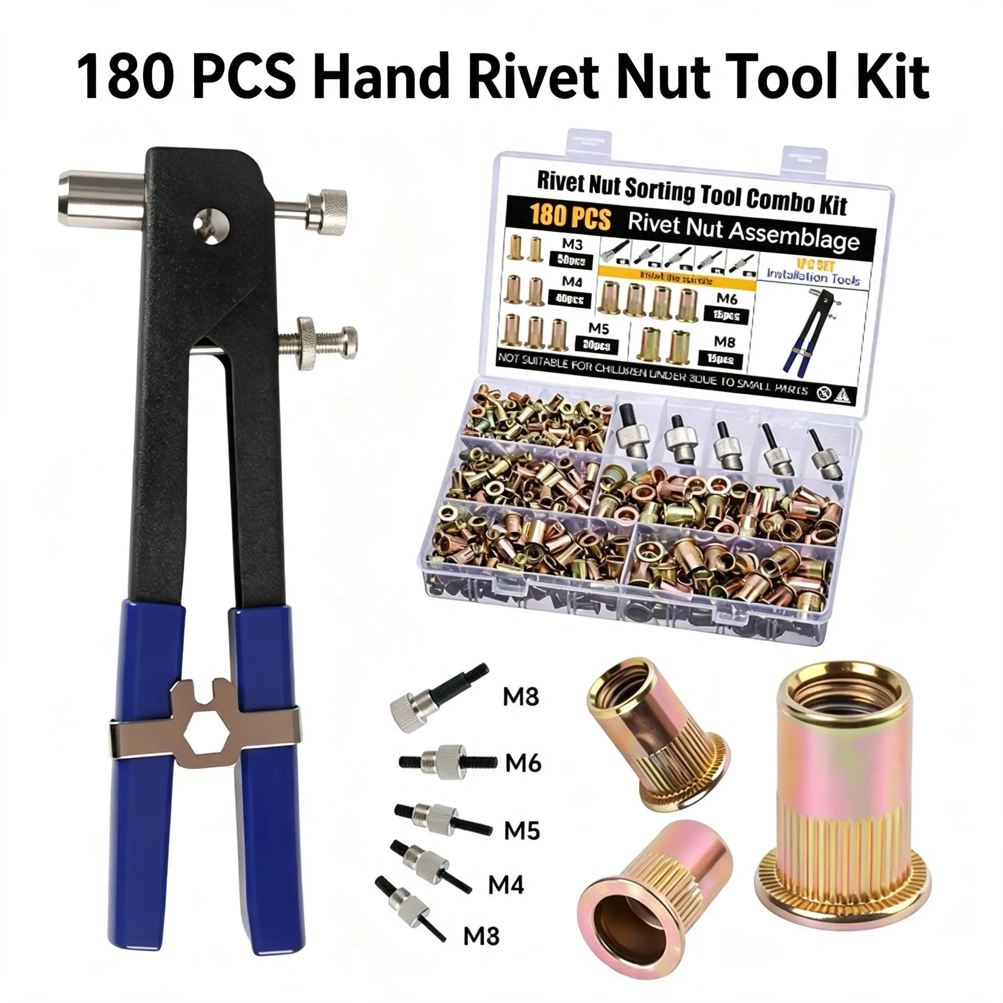 Rivet Nut Tool Kit,180Pcs Metric Rivet Nut Combination, M3/M4/M5/M6/M8 Threaded Nut,for Furniture, Decoration, Automotive, Marine and Industrial Applications