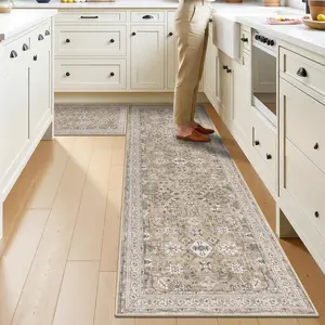 Kitchen Rugs Sets of 2 Non Slip, Washable Kitchen Mats for Floor with Rubber Bottom, Farmhouse Kitchen Carpet Runner Set for Office, Sink, Laundry, Beige
