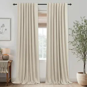 KOUFALL Beige Linen Blackout Curtains for Living Room, Light Tan Thermal Insulated Lined Pleated Black Out Curtains for Bedroom Office, 52w x 84 Inches Long, Warm Sand