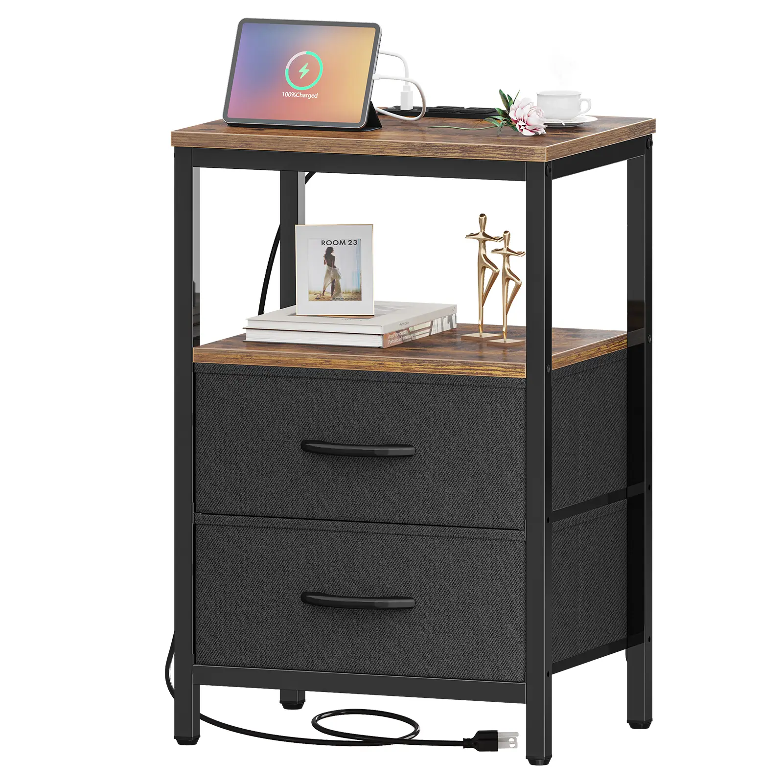 Huuger Nightstand with Charging Station, Side Table with Fabric Drawers, End Table with Open Shelf, Bedside Table with USB Ports and Outlets, Night St