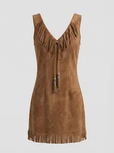 Women's Western Cowgirl Style Summer Fall Brown Faux Suede Mini Dress, Sleeveless V-Neck Fringe Trim Slim Fit, For Country Music Festival Rodeo Concert