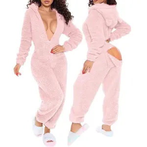 Sexy One-Piece Women’s Pajama Jumpsuit with Open Crotch, Long Sleeves, Hood, Cute Plush Design