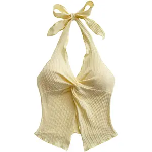 Women's Twist Front Tie Halter Neck Split Hem Backless Summer Going Out Crop Top Womenswear Bridal Sleeveless tank tops tubetops babydoll tops dressy tops Basic Beige Minimalist Short