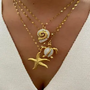 Elegant Fashion White Enamel Turtle Conch Plated Big Starfish Pendant Necklace for Women Party Daily