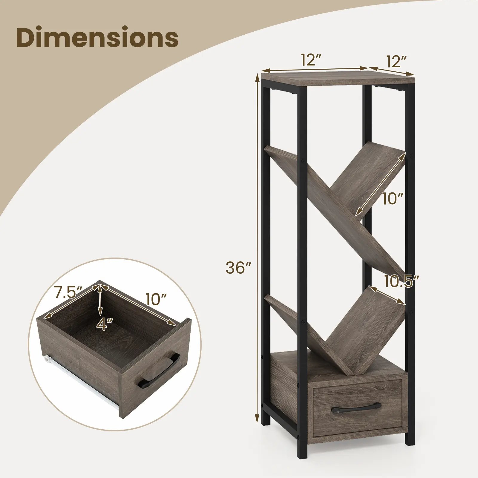 COSTWAY - 4 Tier Floor Tree Bookshelf with Drawer and Metal Frame-Gray