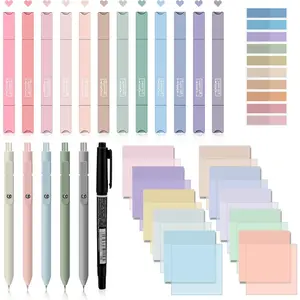 38-Piece Set Book Annotation Tools Aesthetic Highlighter Set Gel Pen Set Sticky Notes & Labels Markers Dual-Tip Highlighters Quick-Dry Ink Pens Ideal for Office & Book Annotation (Classic Colors, Square Design)