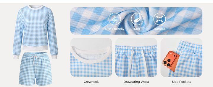 Fisoew Women's 2-Piece Gingham Plaid Loungewear Set - Crew Neck Ribbed Oversized Balloon Sleeve Sweatshirt & Adjustable Drawstring Aesthetic Beach Bottom Shorts, Nightwear
