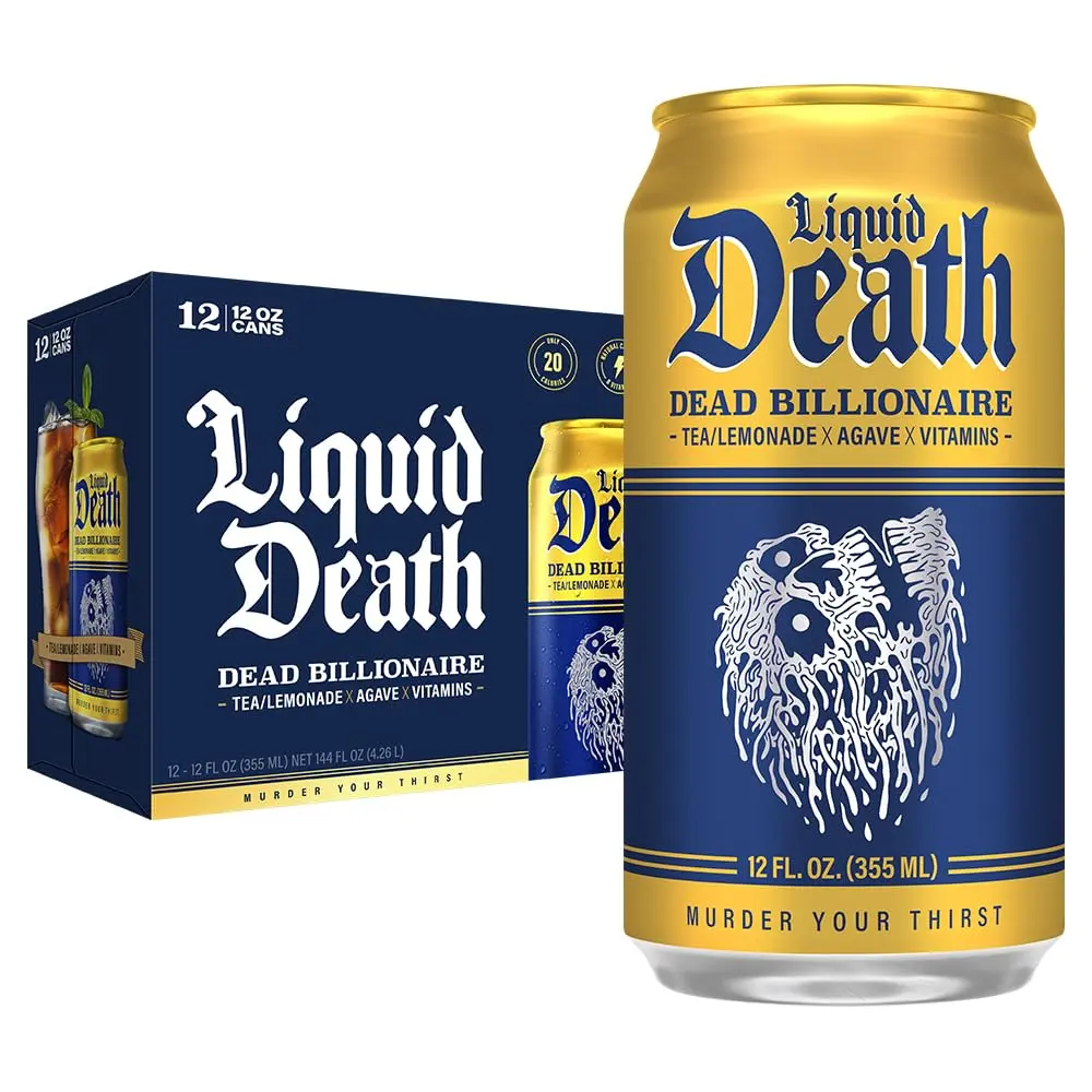 Liquid Death Iced Tea Beverage - Dead Billionaire (Black Tea-Lemonade), Low Sugar*, Natural, Boost of Caffeine, B Vitamins, No Artificial Sweeteners, 12 Fl Oz Recyclable Can (Pack of 12)