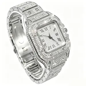 Square-shaped men's quartz watch featuring a starry sky design on the dial, stainless steel strap, diamond embellishments, and Roman numerals, Modern Fashionable Wristwatch, Casual Trendy Wristwatch`