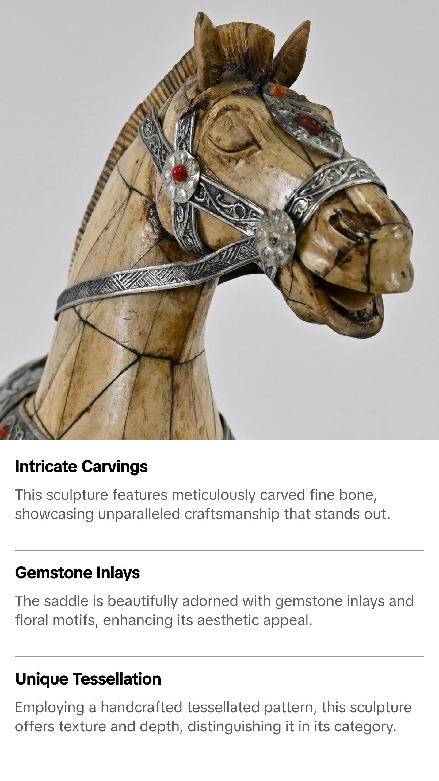 Chinese Bone Horse Sculpture | Flora and Gemstone-InlaidSaddle | Handcrafted Tessellated Design | Decorative Art Collectible | Unique