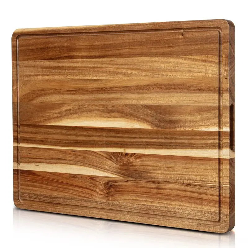Durable plus-size 24x18 Acacia board with deep slot and handy handle, perfect butcher board for turkey, meat, vegetables and cheese