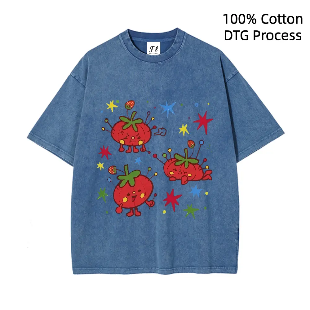 Washed, Cute Tomato Party Print T-shirt, High-quality Batik Vintage Fashion Brand T-shirt DTG Process Unisex Loose-Fitting T-shirt, Washed Casual Top (100% Cotton, 280g), Smooth Fabric, Minimalist Style, Street Style, Classic T-shirt, Makes a Great Gift