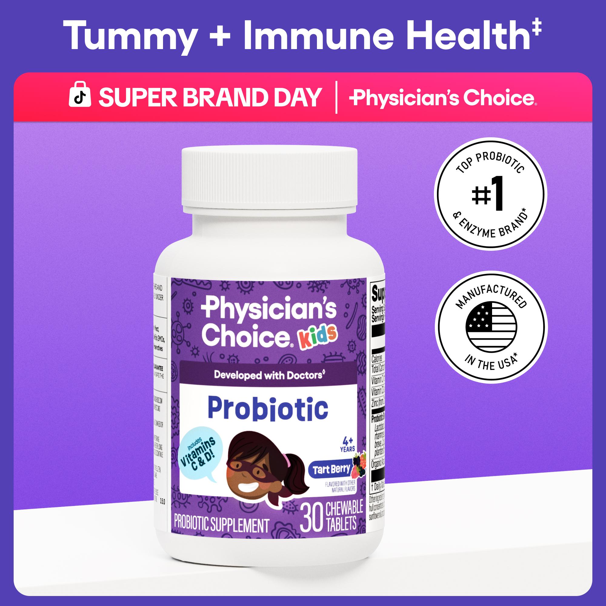 Physician's Choice Kids Probiotic with Zinc, Natural Vitamins, and Organic Prebiotics - Supports Digestive & Immune Health - Berry Flavored Chewable