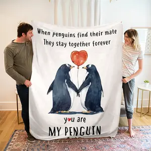 Soft Flannel Penguin Print Blanket, Modern Polyester Fiber Throw for Bed Sofa Outdoor Travel Gift, Long Rectangle Comfortable Rug