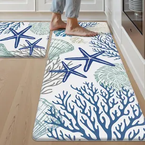 Coastal Kitchen Rugs Set of 2 Anti- Kitchen Mats Summer Cushioned Mats with Sea Themed White Blue Starfish Shell Coral Tropical Fish 17x27.5+17x47, Coastal Beach