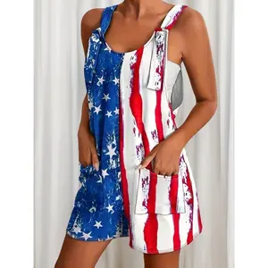 PatrioticWomen'sRomperwithAmericanFlagPrint-CasualFitwithPocketsforIndependenceDay