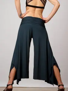 Ruched Waistband Flowy Wide Leg Gaucho Pants Black - Elegant Design for Women's Bottom Wear - Womenswear