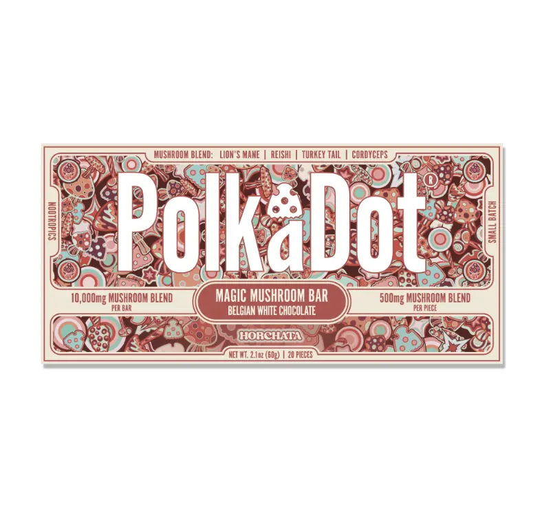 Polkadot Belgian Chocolate, Horchata, 20 Count, High Potency Plant-based Mushroom Snack, 100% Organic, High-Quality Ingredients, Made in USA, All Natural, Healthy Chocolate, 20 Piece Chocolate Bar