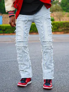 patch jean，cut jean，Men’s street-style ripped slim-fit jeans; comfortable straight-leg mid-rise casual pants; ripped skinny jeans; stretchy slim-fit mid-rise jeans Streetwear Distressed