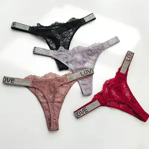 New Sexy Low Waist Lace Thong Striped Rhinestone Panties Women Seamless Fitness Underwear Lingerie Women Panties