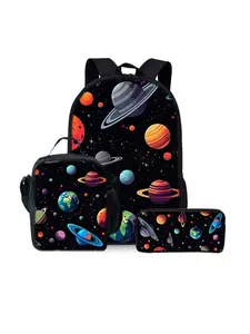 Planet pattern printed 17-inch Casual printed backpack three-piece set (single-layer backpack + shoulder strap lunch bag + single-layer pencil case)