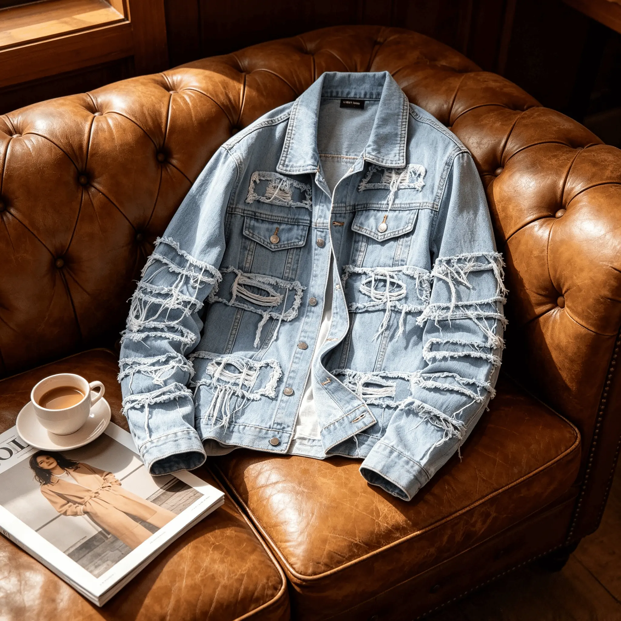 Men's Ripped Denim Jacket - Slim Fit Long Sleeve Streetwear Tops, Plain Casual Menswear for Spring and Autumn