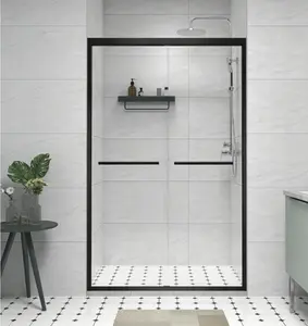 Aluminum Frame Double Sliding Shower Door with 1/4" Clear Tempered Glass Matte Black Hardware Adjustable Width Reversible Installation 48x76 Inches