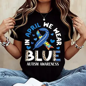 April Autism Awareness T Shirt With Blue Ribbon And Puzzle Piece Print Casual Round Neck Short Sleeve For Women