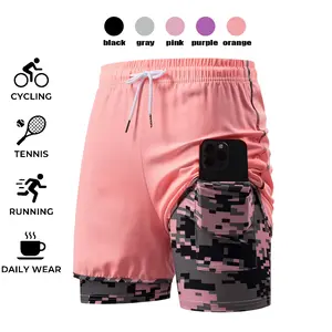 Plus-size women’s shorts | Double-layer faux two-piece camouflage pattern, breathable quick-dry shorts with adjustable drawstring design — lightweight fitness style, side detailing, non-see-through lining casual wear