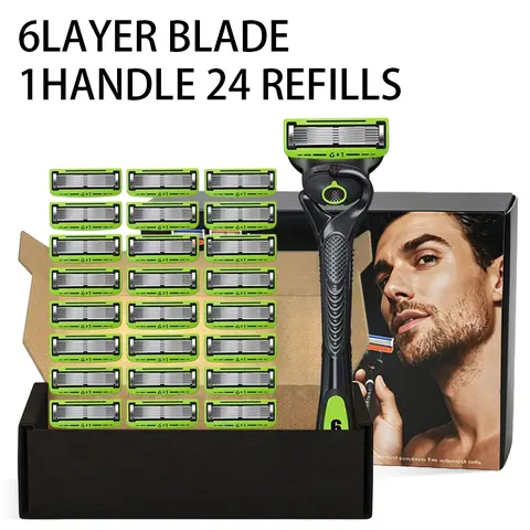 Men's Non-Mechanical Barber Shaver Set, All-in-1 Daily Durable Manual Cartridge Razor Kit with 1 Handle, 12 Washable Blade Refill Set Razors, 6-Layer Blades for Smooth Shaves